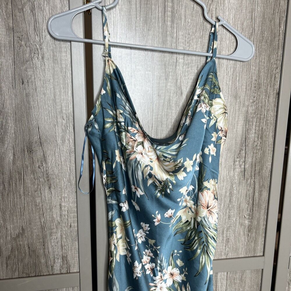 Mable Satin Dress Teal Floral Cowl Neck Ruching on the Sides - Picture 3 of 10